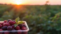 Fresh organic raspberries in basket at sunset with berry farm field background for healthy eating and agriculture concepts.