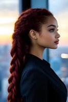 Young African American woman with burgundy braided hair in profile view against blurred city backdrop at sunset, wearing black blazer and pearl earring.