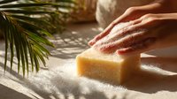 Hands washing with natural soap bar creating foam, eco-friendly skincare routine with tropical plant in sunlight.