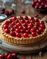 Fresh cherry tart with golden pastry crust on rustic wooden board, filled with custard and topped with bright red cherries, creating appetizing dessert.