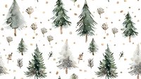 Watercolor winter forest pattern with green and white pine trees, brown branches and golden dots on white background. Seamless repeat design.