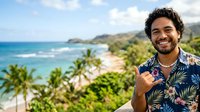 Man with curly dark hair and beard, appearing to be of mixed ethnicity, wearing tropical print shirt, giving thumbs up gesture while standing overlooking turquoise ocean beach with palm trees and lush green coastline.