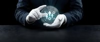 Businessman in dark suit and white gloves holding glowing crystal ball with digital city skyline and network connections, representing future technology and business vision.