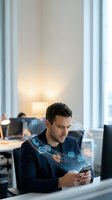 Young male professional of Caucasian descent using smartphone in modern office with digital communication icons floating above device, representing connectivity, messaging, and networking for business applications.