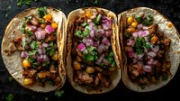 Mexican street tacos with marinated pork, diced red onions, fresh cilantro and corn tortillas on dark background, traditional authentic cuisine served for dinner.