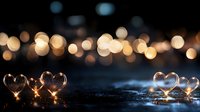 Glowing heart-shaped glass decorations on dark reflective surface with golden bokeh lights in background creating romantic atmosphere for celebrations.