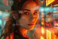 Young woman illuminated by neon city lights at night, with orange and teal color scheme creating moody cyberpunk atmosphere, reflections and bokeh effects in background.