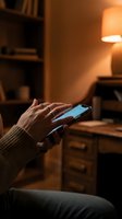 Hands holding smartphone with glowing screen in cozy evening home interior with warm lamp lighting and wooden furniture creating relaxing atmosphere.