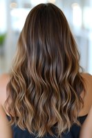 Long wavy brunette hair with caramel balayage highlights shown from behind, demonstrating modern hair coloring technique and styling for beauty and salon advertising.