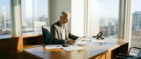 Senior male professional with light skin tone and gray hair working at desk in high-rise office with city skyline view, reviewing documents and using computer for business tasks.