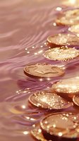 Golden coins floating on shimmering pink water surface with magical light reflections and sparkles creating dreamy financial abundance concept.
