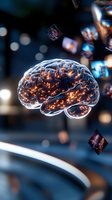 Glowing digital brain with neural connections floating in dark space, surrounded by abstract geometric shapes and bokeh lights. For AI and neuroscience concepts.