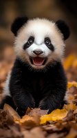 Smiling baby panda cub sitting among autumn fallen leaves, showing excited expression with open mouth and bright eyes against blurred brown background.