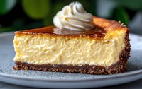 Classic cheesecake slice with caramel topping and whipped cream on chocolate cookie crust, served on gray plate against blurred green background.