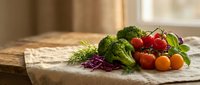 Fresh organic vegetables including broccoli, cherry tomatoes, red cabbage and herbs arranged on rustic wooden cutting board in warm kitchen setting.