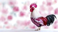 Proud rooster with vibrant red and white feathers standing in profile against soft pink bokeh background, detailed farm bird illustration for nature and agriculture themes.