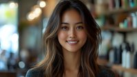 Young Asian woman with radiant smile and balayage hair in casual business setting against blurred cafe or office background with warm lighting and bokeh effect.