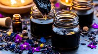 Dark honey dripping into glass mason jars surrounded by purple flowers and essential oil bottles on black stone surface, creating moody atmospheric composition.