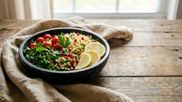 Fresh quinoa bowl with mixed greens, cherry tomatoes and lemon garnish served in black ceramic dish on rustic wooden table for healthy eating lifestyle.