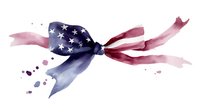 Watercolor American flag ribbon flowing in wind with stars and stripes pattern, patriotic design element on white background, isolated decorative artwork.