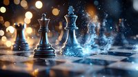 Chess pieces on board with magical glowing smoke effect and golden bokeh lights in background, dramatic lighting creates mysterious atmosphere.