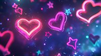 Glowing neon hearts and stars on dark blue background with bokeh effect, creating romantic atmosphere for Valentine's Day designs.
