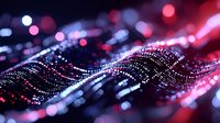 Glowing red and blue particles forming dynamic wave pattern with bokeh effect and depth of field, abstract digital technology background.