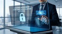 Professional businessman activating digital license agreement interface with security lock and compliance certification in modern corporate office environment.