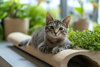 Tabby cat with alert expression lying on cardboard scratching pad surrounded by potted green plants indoors, suitable for pet care, home decor, and feline lifestyle content.