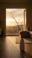 Minimalist ceramic vase with dried branches on wooden floor in modern living room with warm sunset light through large window creating cozy atmosphere.