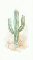 Watercolor saguaro cactus with soft green tones and earthy base on white background for botanical art and desert themed designs.