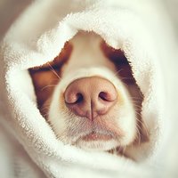 Close up of dog nose peeking through white blanket, showing pink nostrils and white fur in soft morning light, creating cozy and heartwarming pet photography.