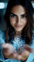 Young woman with long dark hair and blue eyes holding glowing particles of light in her hands, representing magic, energy, technology, and innovation for creative and business concepts.