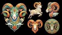 Ornate ram and goat heads with decorative horns, isolated on transparent background. Ready for t-shirt design, clipart, stickers, sublimation, and print-on-demand products.