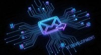 Digital email envelope with glowing neon circuit board connections on dark background for technology communication and networking concepts.
