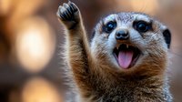Playful mongoose with raised paw and tongue out showing excited expression in natural habitat. Wildlife photography capturing mammal behavior and emotion.