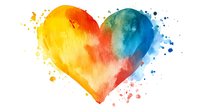 Vibrant watercolor heart shape in orange, yellow and blue tones with paint splatter effect and soft color transitions on white background, suitable for greeting cards.