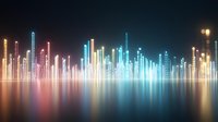Futuristic digital cityscape with glowing neon skyscrapers reflecting on water surface, creating vibrant light trails in blue and orange tones at night.