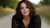 Young woman with wavy brown hair and natural makeup smiling outdoors in floral dress. Soft bokeh background with autumn colors creates romantic portrait atmosphere.