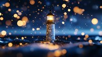 Lighthouse illuminated at night with magical bokeh lights creating dreamy atmosphere. Glowing beacon stands against dark blue sky with golden orbs of light floating around.