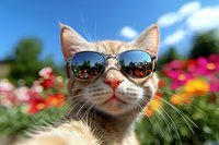 Ginger cat wearing sunglasses in summer garden with colorful flowers. Palm trees and blue sky reflection visible in trendy shades. Fun pet photography for social media.