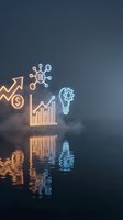 Glowing neon business icons floating above water surface with reflections showing growth charts, lightbulb, network symbols and dollar signs for finance concepts.