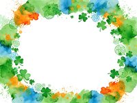 Watercolor shamrock border frame with green orange blue paint splashes and Celtic knots on white background for St Patricks Day greeting cards and designs.
