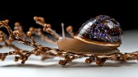 Garden snail with shiny purple-brown shell crawling along dried autumn branch against dark background, macro nature photography showing intricate details and textures.