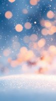 Dreamy winter background with soft coral bokeh lights and falling snow against blue sky, glittering snow surface creates magical seasonal atmosphere.