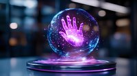 Glowing purple holographic hand floating in transparent sphere above futuristic platform with particles and light effects against dark background.