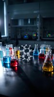 Laboratory glassware with colorful chemical solutions and molecular structure model on dark table in modern research facility for scientific experiments.