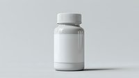 White medicine bottle with blank label on light background, pharmaceutical container mockup for supplement or prescription drug packaging design.