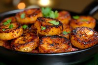 Grilled shrimp with caramelized glaze in cast iron pan garnished with fresh herbs, close up view showing charred edges and glossy honey-like coating.