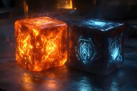 Glowing magical cubes with ancient runes, one radiating intense orange fire energy and other emanating cool blue light, on dark reflective surface with particles.